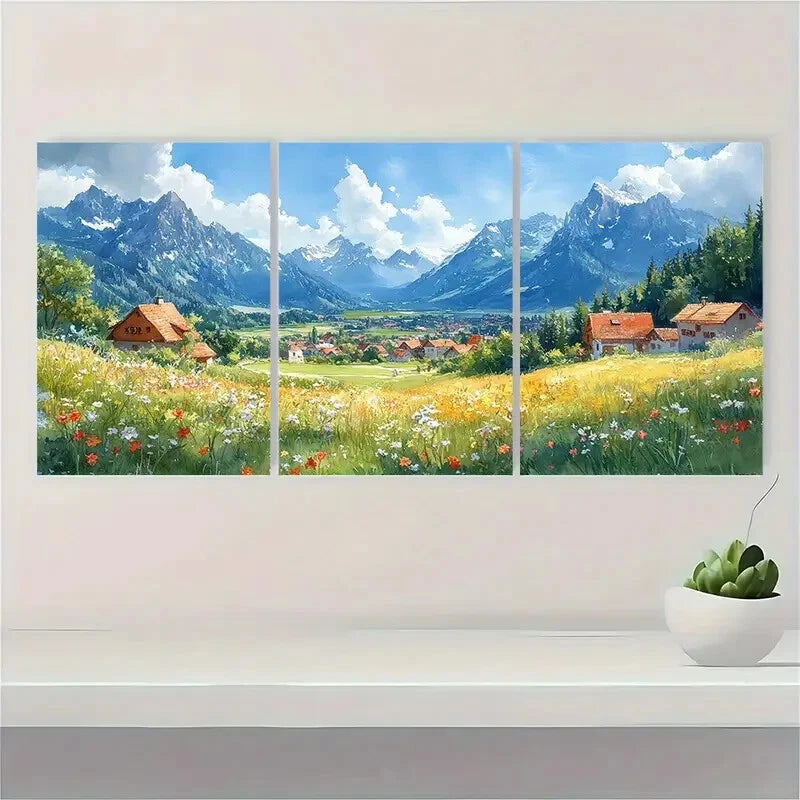 3pcs European Countryside Mountain Landscape Metal Print Ready to Hang Art - Bella Home Decor