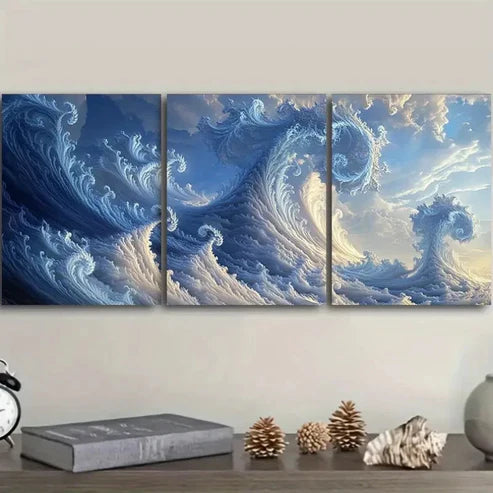 3pcs blue and white waves  Wall Art Set Canvas Unframed - High Quality Print 100% Australian Made Wall Canvas - Bella Home Decor