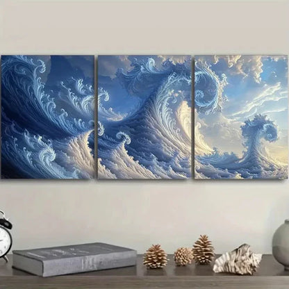 3pcs blue and white waves  Wall Art Set Canvas Unframed - High Quality Print 100% Australian Made Wall Canvas - Bella Home Decor
