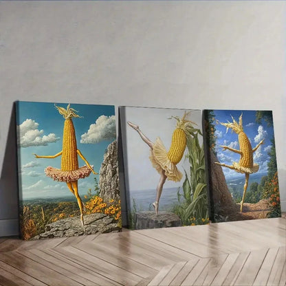 3pcs A corn with legs and a ballerina Wall Art Set Canvas Framed 60x90cm - High Quality Print 100% Australian Made Wall Canvas Ready to Hang - Bella Home Decor