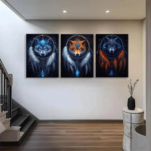 3pcs Mystical Wolf Fox Dreamcatcher Spirit Wall Art Set Canvas Unframed - High Quality Print 100% Australian Made Wall Canvas