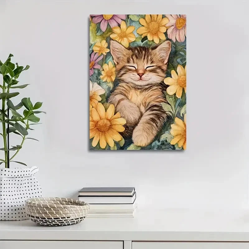 Cute Tabby Kitten with Vibrant Flowers Painting 40x60cm Metal Print Ready to Hang
