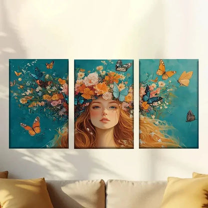3pcs Charming flower fairy & flying butterflies  Wall Art Set Canvas Unframed - High Quality Print 100% Australian Made Wall Canvas - Bella Home Decor