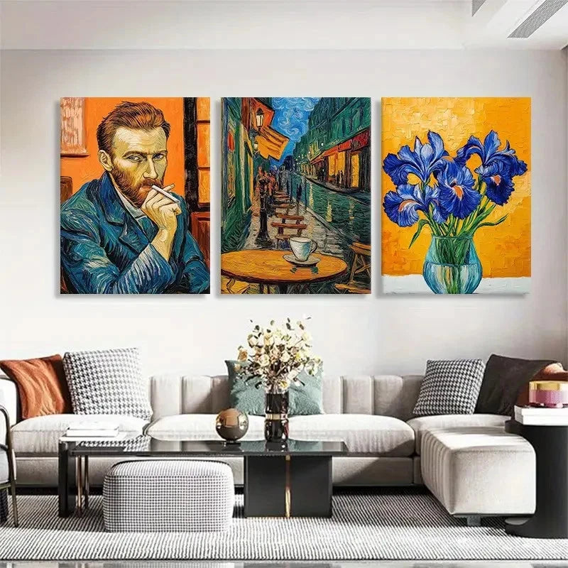 3pcs Portrait Street Scene and Iris Painting Metal Print Ready to Hang Art