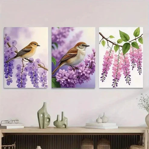 3pcs Beautiful Bird and Flower Purple Floral Wall Art Canvas Unframed - High Quality Print 100% Australian Made Wall Canvas - Bella Home Decor