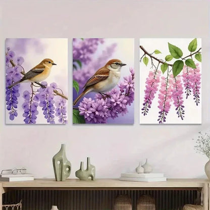 3pcs Beautiful Bird and Flower Purple Floral Wall Art Canvas Unframed - High Quality Print 100% Australian Made Wall Canvas - Bella Home Decor