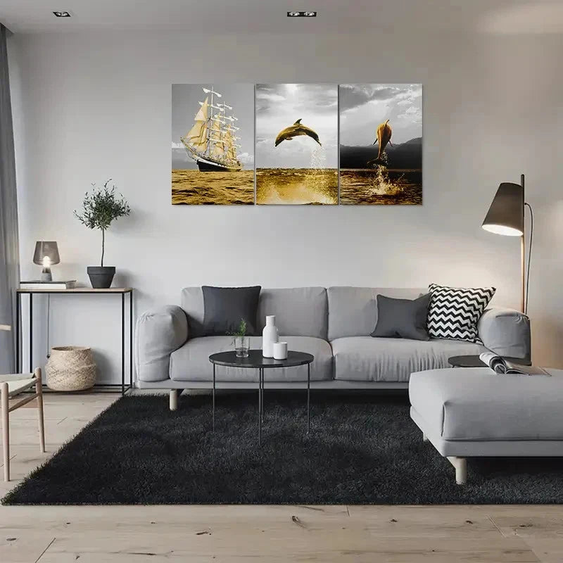 3pcs Golden Ocean Ship and Jumping Dolphins Metal Print Ready to Hang Art - Bella Home Decor