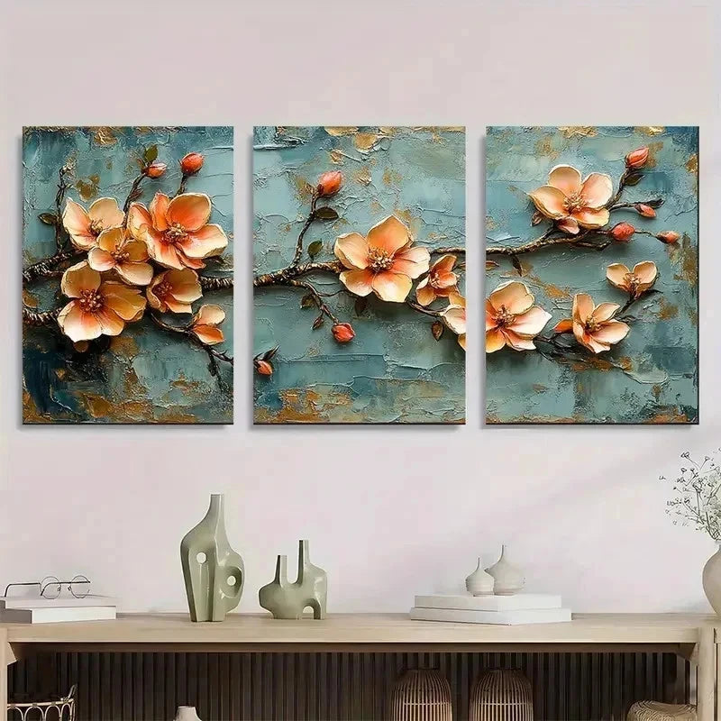 3pcs Golden Leaf Blossom Floral Golden Perfect Wall Art Set Canvas Framed 50x70cm - High Quality Print 100% Australian Made Wall Canvas Ready to Hang - Bella Home Decor