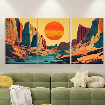 3pcs Vibrant Sunset & Mountain Scenery Metal Print Ready to Hang Art