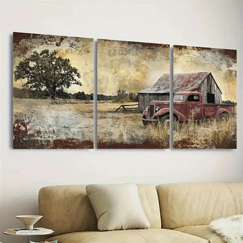 3pcs Weathered Red Pickup Truck in Golden Wall Art Set Canvas Framed 60x90cm - High Quality Print 100% Australian Made Wall Canvas Ready to Hang - Bella Home Decor