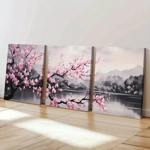 3pcs Cherry Blossoms Lake & Mountain Landscape Wall Art Canvas Unframed - High Quality Print 100% Australian Made Wall Canvas - Bella Home Decor