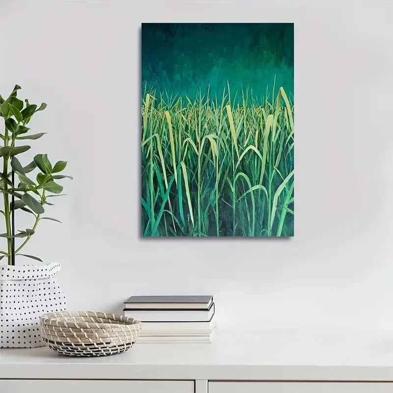 Beautiful Emerald Green Sugarcane Field Painting 40x60cm Metal Print Ready to Hang