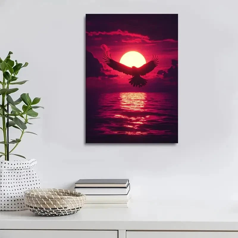 Eagle Soaring Under Glowing Sunset Sky Painting 40x60cm Metal Print Ready to Hang - Bella Home Decor