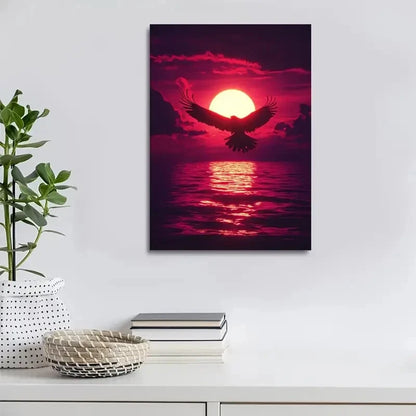 Eagle Soaring Under Glowing Sunset Sky Painting 40x60cm Metal Print Ready to Hang - Bella Home Decor