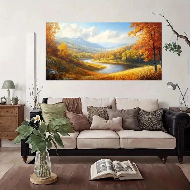 Autumn Landscape River Wall Art Canvas Office Home Room Framed 120x60cm