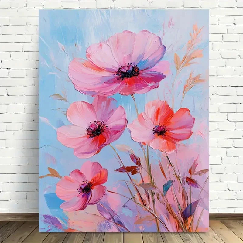Beautiful Vibrant Pink & Blue Flowers Painting 40x60cm Metal Print Ready to Hang - Bella Home Decor