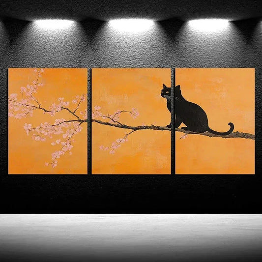 3pcs Cat and Cherry Blossom Branches Wall Art Set Canvas Framed 50x70cm - High Quality Print 100% Australian Made Wall Canvas Ready to Hang - Bella Home Decor