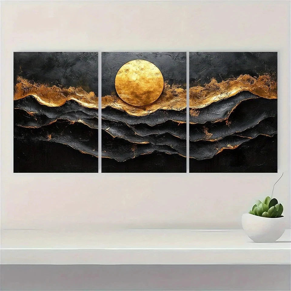 3pcs Black and Golden Abstract Metal Print Ready to Hang Art - Bella Home Decor