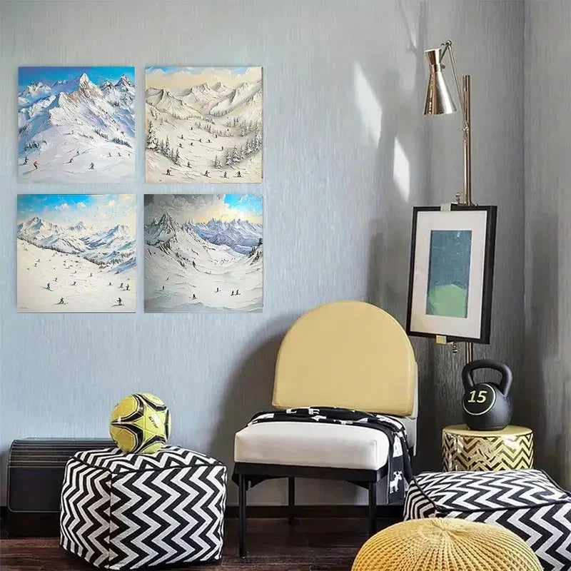 4pcs Ski Mountain Range Wall Art Canvas Framed