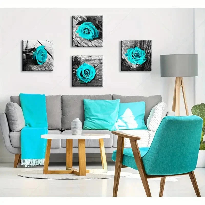4pcs Teal Wall Decor Rose Flower Wall Art Canvas Framed
