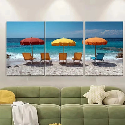3pcs Minimalist Beach Chair Parasol Wall Art Set Canvas Framed 50x70cm - High Quality Print 100% Australian Made Wall Canvas Ready to Hang