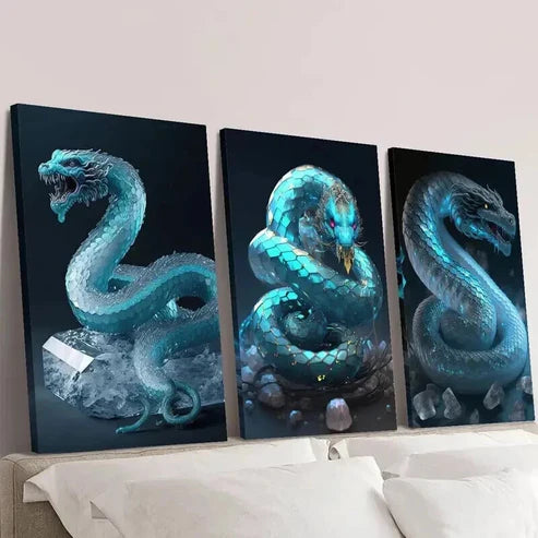 3pcs Blue Snake Decor with Crystal Accents Wall Art Canvas Unframed - High Quality Print 100% Australian Made Wall Canvas - Bella Home Decor
