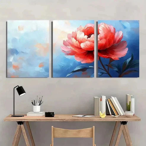 3pcs Blue & Orange Peony Floral Background Wall Art Canvas Unframed - High Quality Print 100% Australian Made Wall Canvas - Bella Home Decor