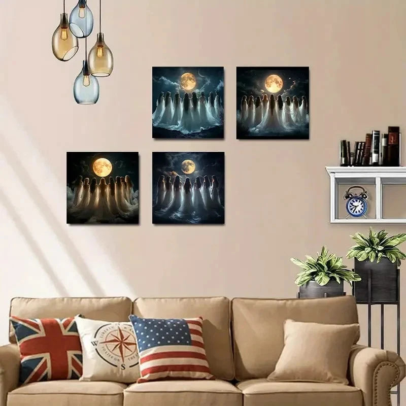 4pcs moon is shining brightly and seven women Wall Art Canvas Framed