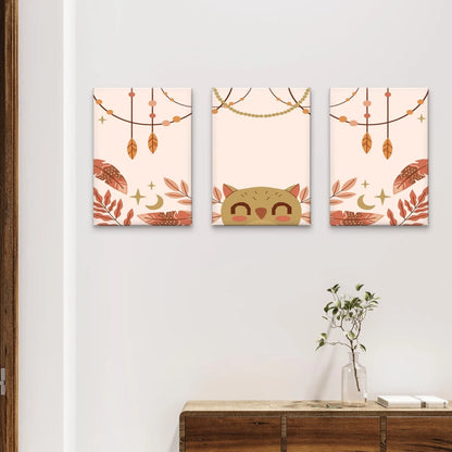 3pcs Boho Cute Owl and Feathers Playful Kids Wall Art Set Canvas Framed 50x70cm - High Quality Print 100% Australian Made Wall Canvas Ready to Hang