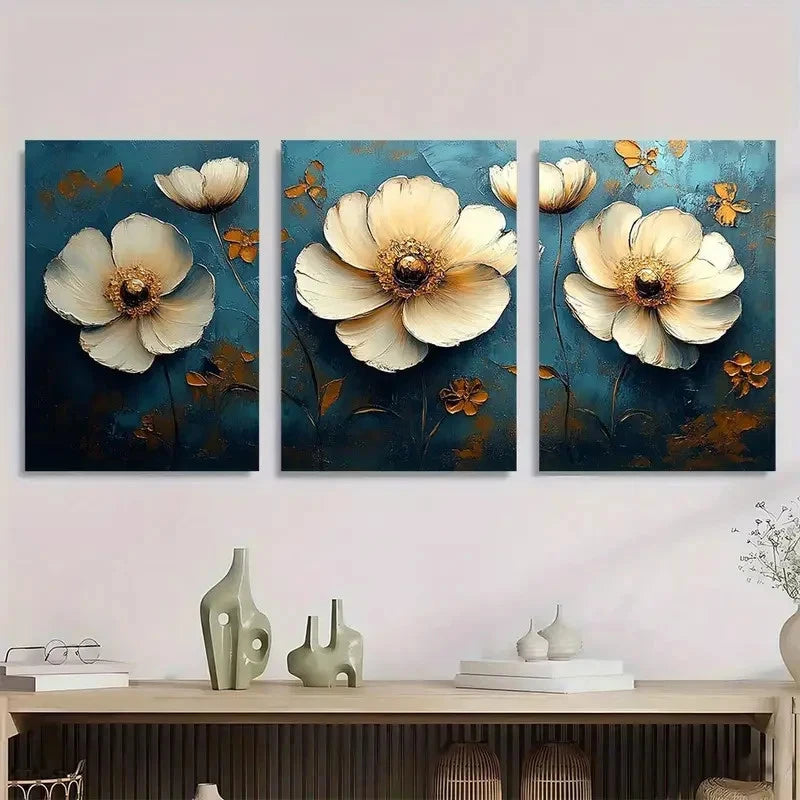 3pcs Modern Elegant Golden & White Floral Metal Print Ready to Hang Art - Bella Home Decor