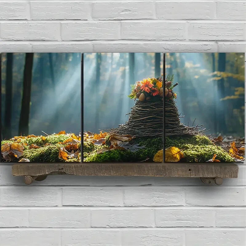 3pcs Autumn Forest Scene with Floral Hat Metal Print Ready to Hang Art - Bella Home Decor