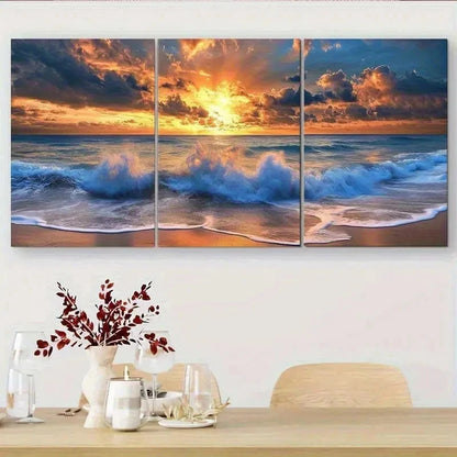 3pcs Ocean Sunset Vibrant Beach Scene Wall Art Set Canvas Framed 60x90cm - High Quality Print 100% Australian Made Wall Canvas Ready to Hang