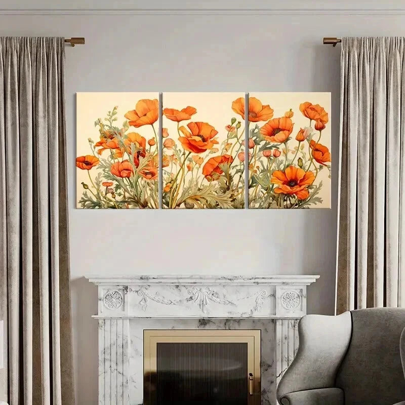 3pcs Nature Landscape Orange Flowers Wall Art Set Canvas Framed 50x70cm - High Quality Print 100% Australian Made Wall Canvas Ready to Hang - Bella Home Decor