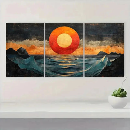 3pcs Abstract Ocean Vibrant Sunset & Wave Design Metal Print Ready to Hang Art - Bella Home Decor