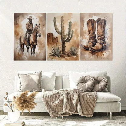 3pcs Vintage Cowboy Painting Wall Art Set Canvas Framed 50x70cm – High Quality Print, 100% Australian Made, Ready to Hang - Bella Home Decor