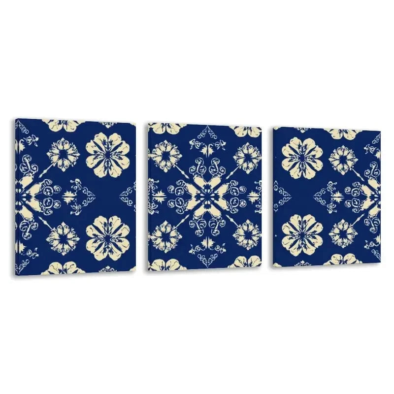 3pcs Blue And White Floral Geometric Pattern Wall Art Set Canvas Framed 50x70cm - High Quality Print 100% Australian Made Wall Canvas Ready to Hang - Bella Home Decor