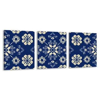 3pcs Blue And White Floral Geometric Pattern Wall Art Set Canvas Framed 50x70cm - High Quality Print 100% Australian Made Wall Canvas Ready to Hang - Bella Home Decor