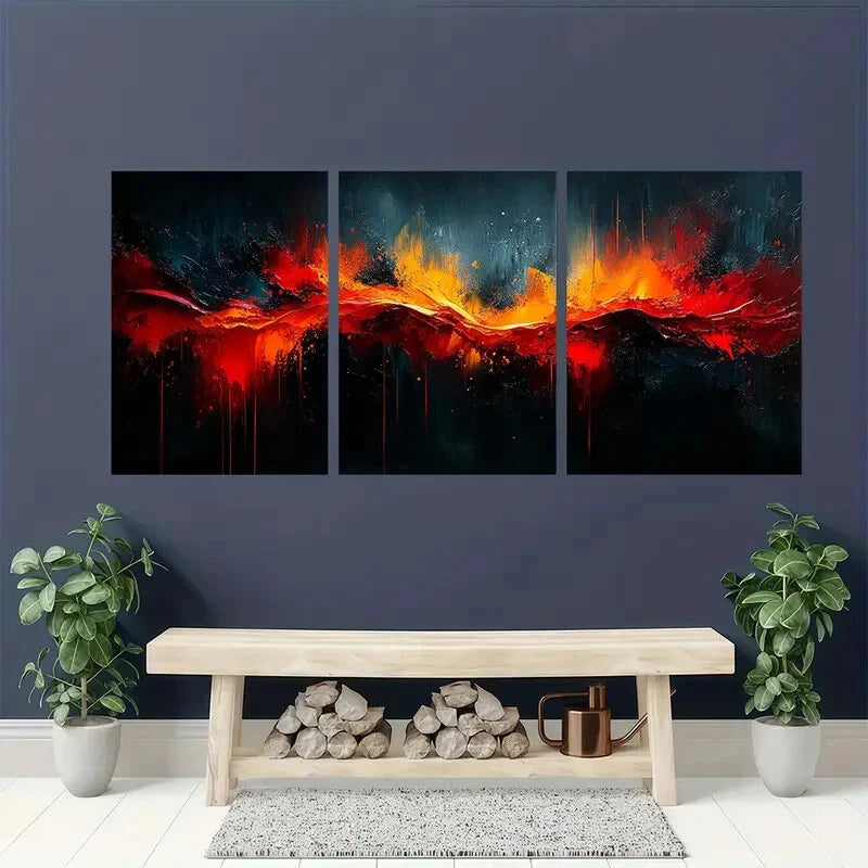 3pcs Vibrant Red Orange & Blue Brushstroke Wall Art Set Canvas Framed 60x90cm - High Quality Print 100% Australian Made Wall Canvas Ready to Hang - Bella Home Decor
