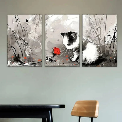 3pcs Whimsical Cat with Red Flower Wall Art Set Canvas Framed 60x90cm - High Quality Print 100% Australian Made Wall Canvas Ready to Hang - Bella Home Decor