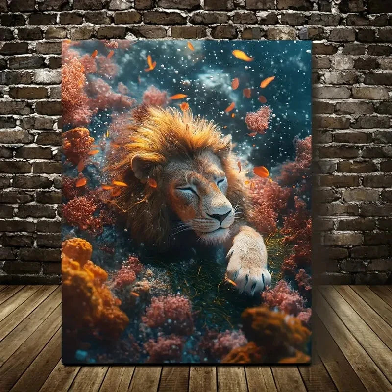 Surreal Lion Underwater Scene with Coral Painting 40x60cm Metal Print Ready to Hang - Bella Home Decor