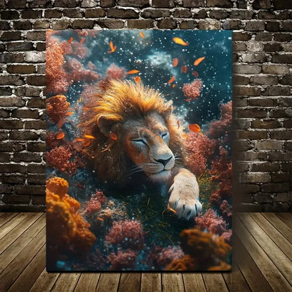 Surreal Lion Underwater Scene with Coral Painting 40x60cm Metal Print Ready to Hang - Bella Home Decor