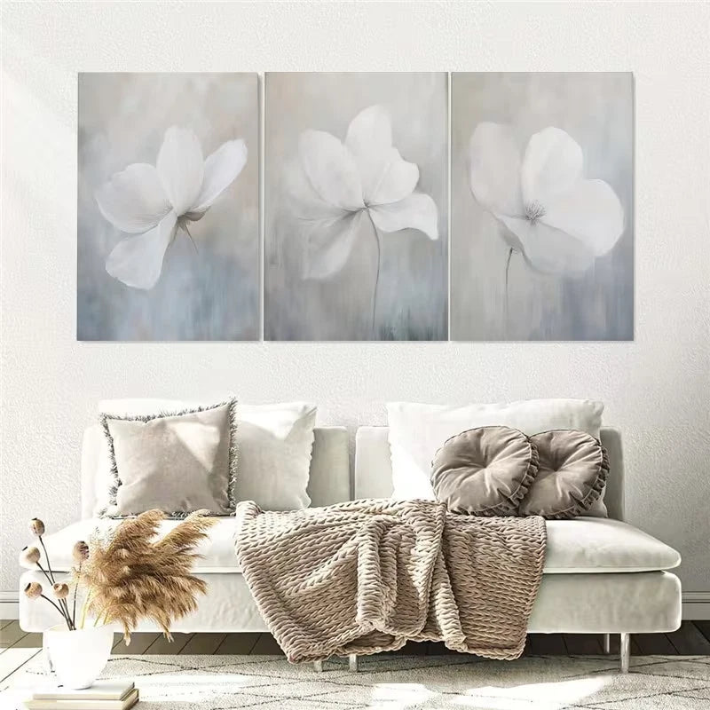 3pcs Elegant White Floral Neutral Botanical Wall Art Set Canvas Framed 50x70cm - High Quality Print 100% Australian Made Wall Canvas Ready to Hang