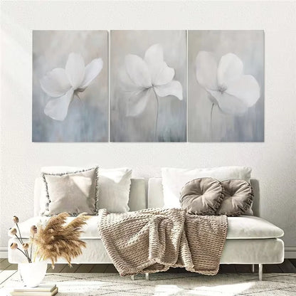 3pcs Elegant White Floral Neutral Botanical Wall Art Set Canvas Framed 50x70cm - High Quality Print 100% Australian Made Wall Canvas Ready to Hang