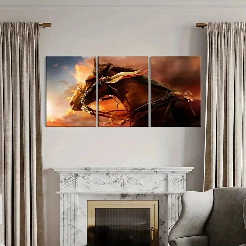 3pcs Vibrant Brown Horse Decoration Wall Art Set Canvas Framed 60x90cm - High Quality Print 100% Australian Made Wall Canvas Ready to Hang