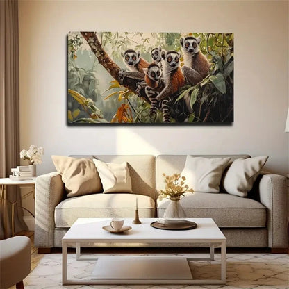 Playful Lemurs In Jungle Décor Wall Artc Canvas Office Home Room Framed 120x60cm