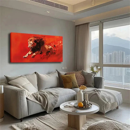 Lion Running Hard Against Red Wall Art Canvas Office Home Room Framed 120x60cm - Bella Home Decor