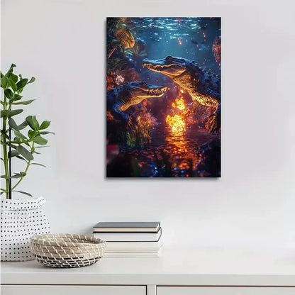 Dreamlike Underwater Crocodile Scene With Glowing 40x60cm Metal Print Ready to Hang - Bella Home Decor