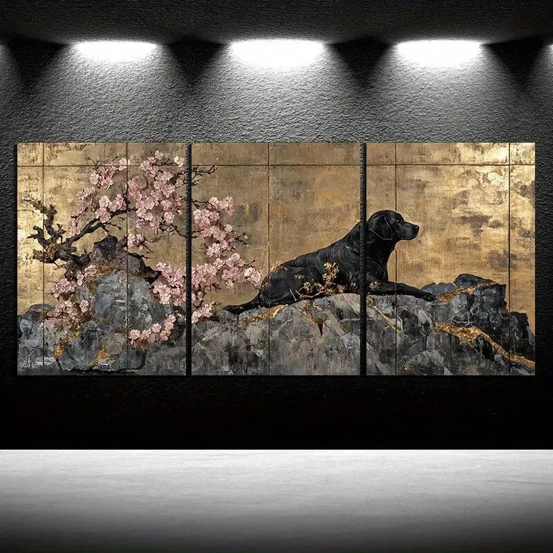 3pcs Dogs in The Flowers Pink Vintage Metal Print Ready to Hang Art - Bella Home Decor