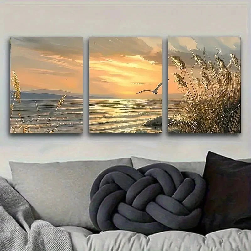 3pcs Seaside Sunset Landscape Wall Art Set Canvas Framed 40x60cm - High Quality Print 100% Australian Made Wall Canvas Ready to Hang