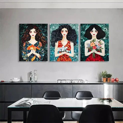 3pcs Colorful Floral Women Flowers Perfect Wall Art Set Canvas Unframed - High Quality Print 100% Australian Made Wall Canvas - Bella Home Decor
